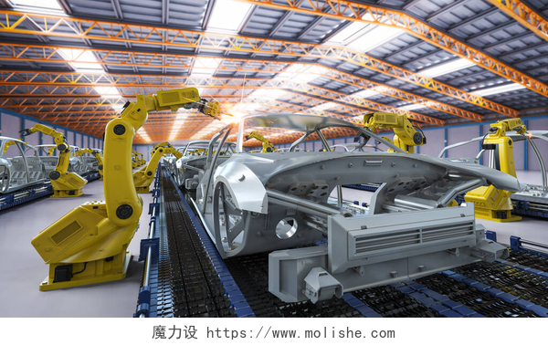 现代化机器人汽车制造厂汽车制造厂三维渲染机器人装配线自动化汽车制造厂的概念
